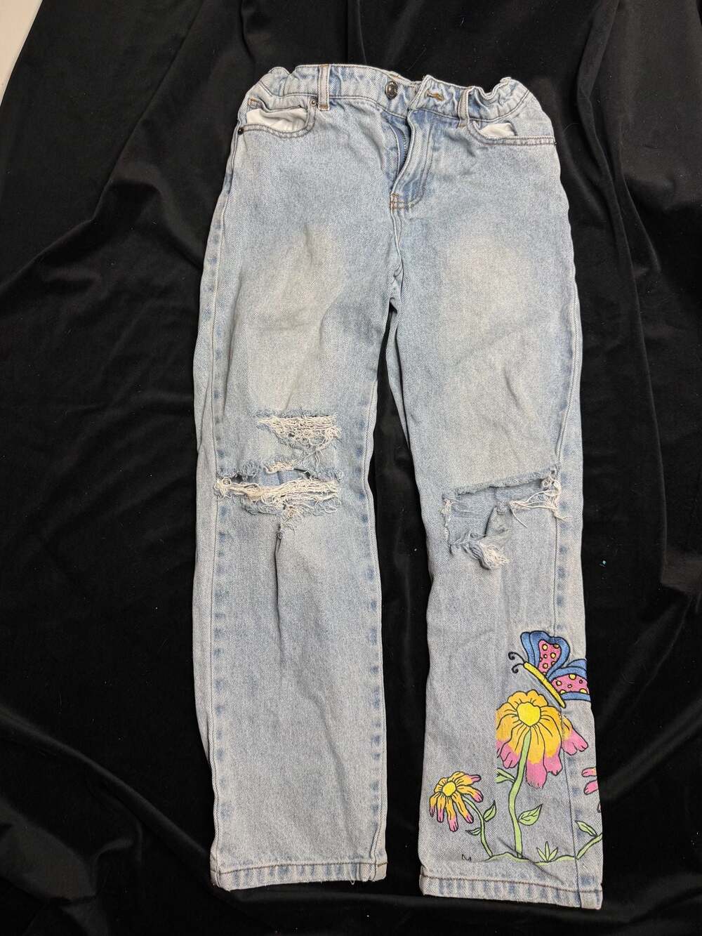 Forever 21 Kids Light Wash Distressed Butterfly and Flower Embroidered Jeans